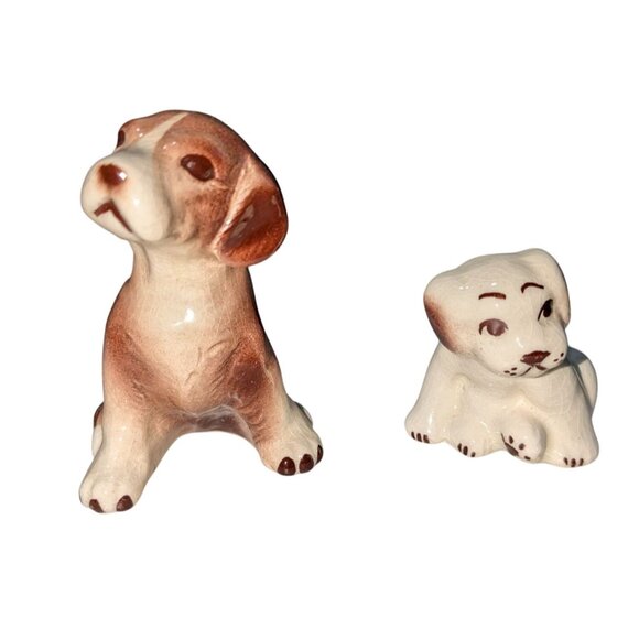 Vintage Ceramic Puppy Figurines Set - Brown & White Dogs With Big Feet - Small & - Picture 4 of 9